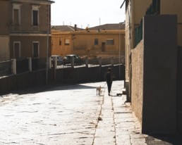 Person walking a dog on an empty street