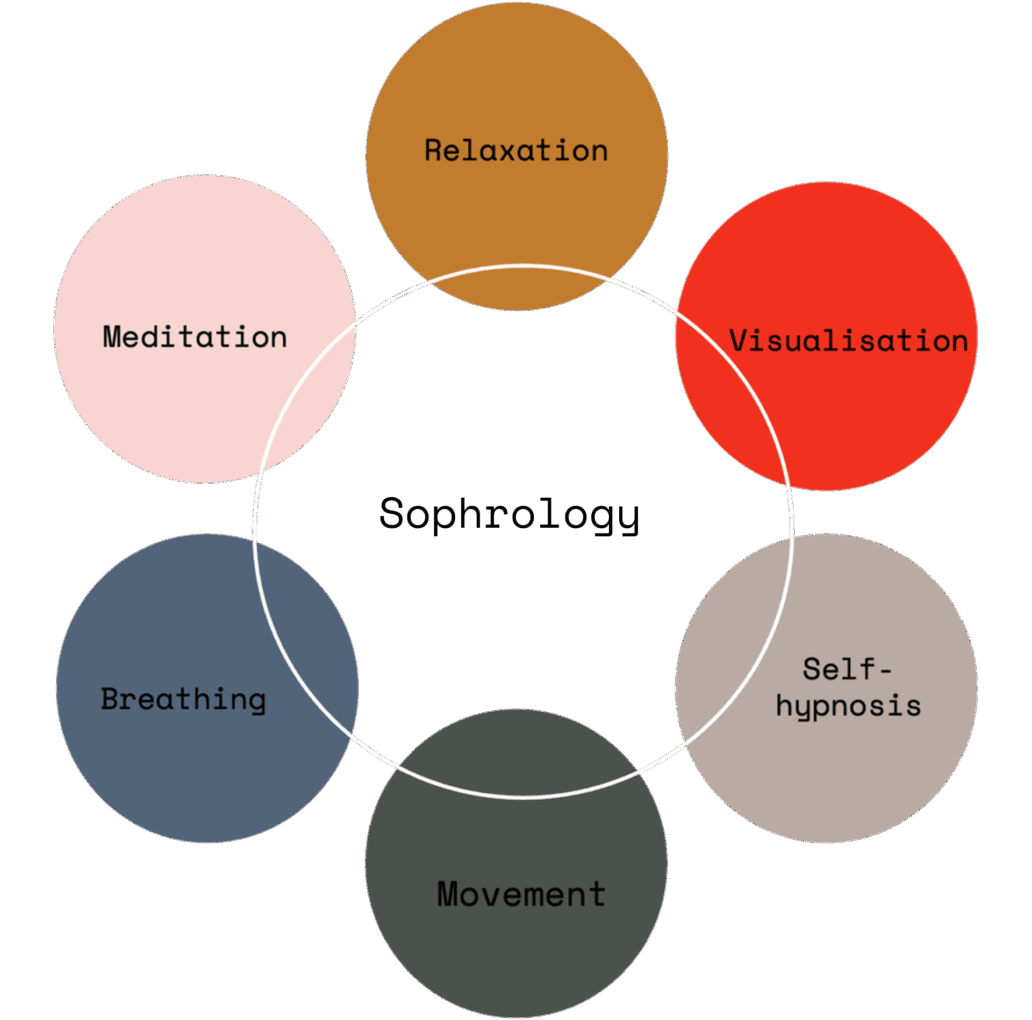 A circular diagram showing six interconnected concepts: Relaxation, Visualisation, Self-hypnosis, Movement, Breathing, and Meditation, each inside a coloured circle.