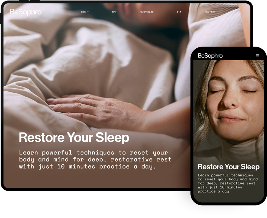 The BeSophro app screens on tablet and mobile